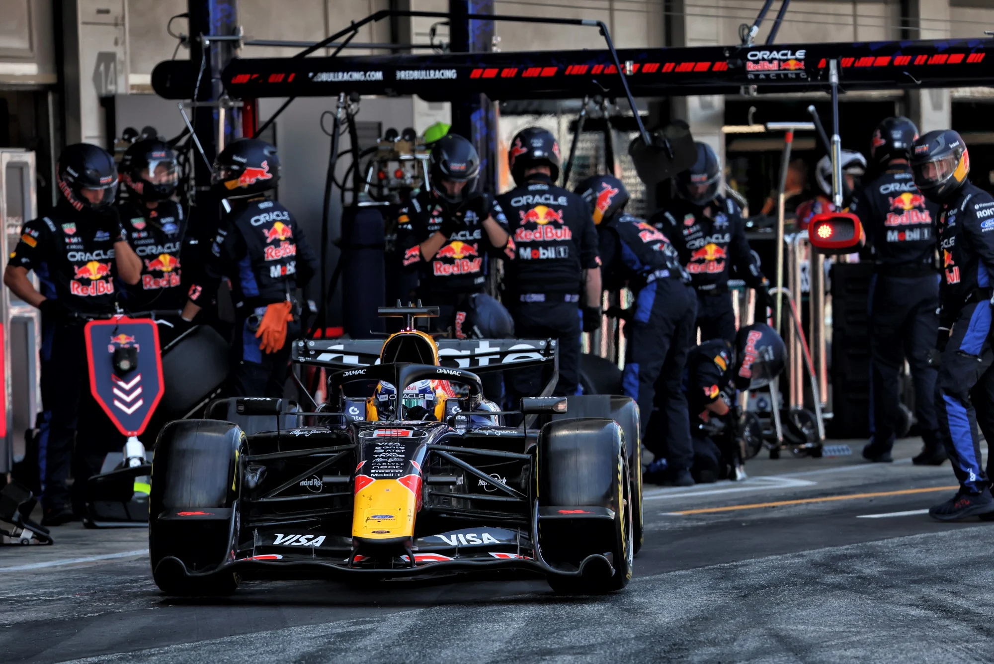 Max Verstappen (NLD) Red Bull Racing RB22 makes a pit stop.